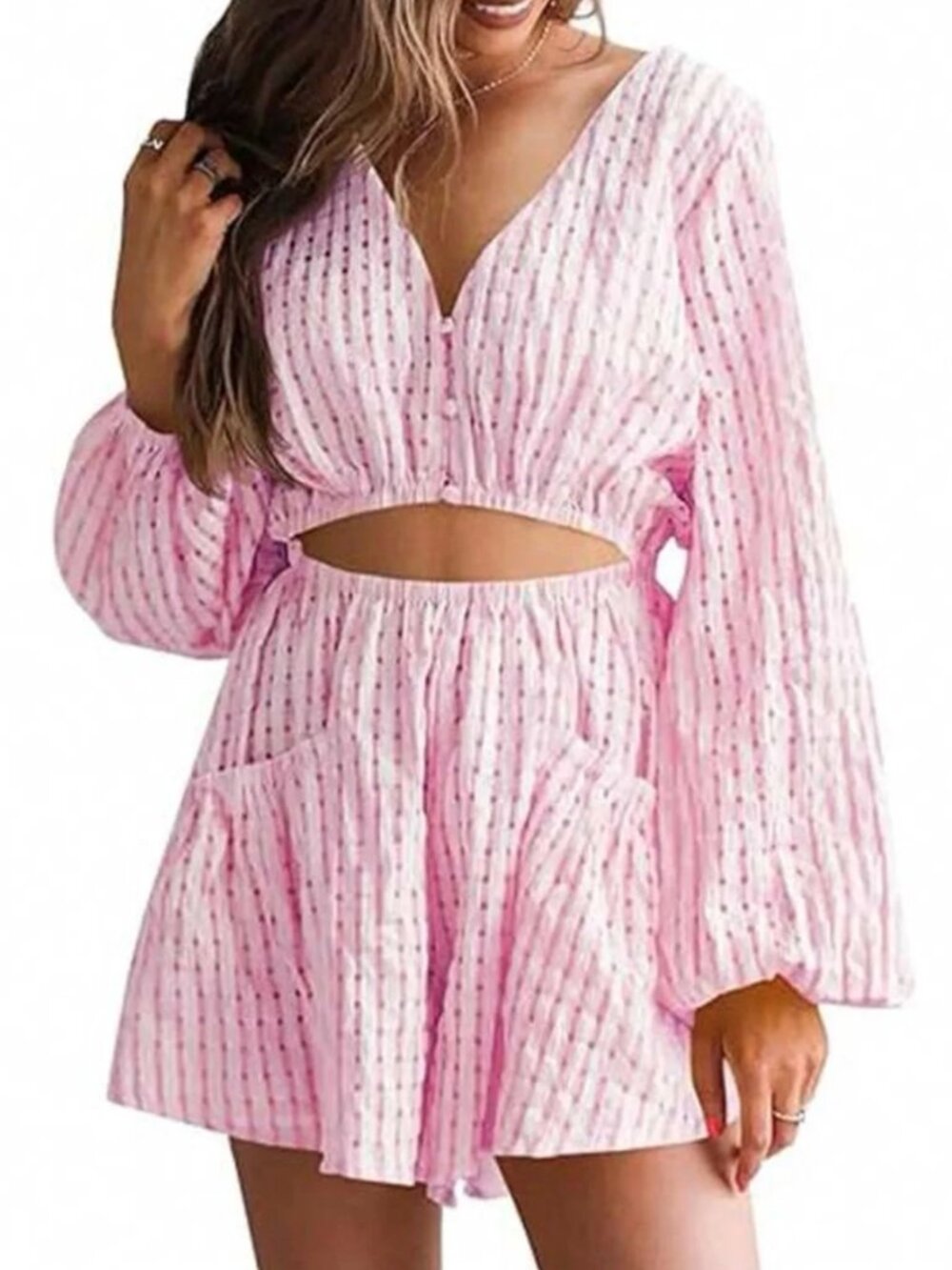 MABLE Pink Gingham Cutout Romper Long Sleeve Cottagecore